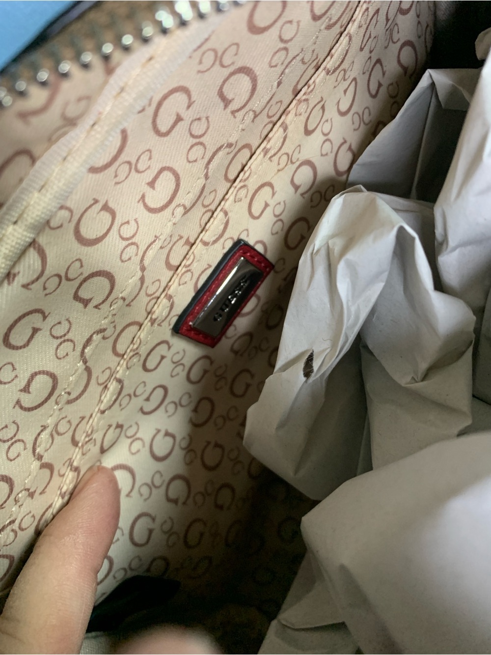 Guess Brown Monogram Satchel with Red Trim and Strap - Picture 7 of 7